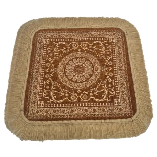 Soft Chenille Prayer Mat | 2x2 Feet Traditional Mandala Floral Pooja Aasan with Golden Fringes | Multipurpose Square Rug for Meditation, Yoga, Puja Room & Home (Pack of 2, Gold) - color: Gold, size: 2x2 Feet