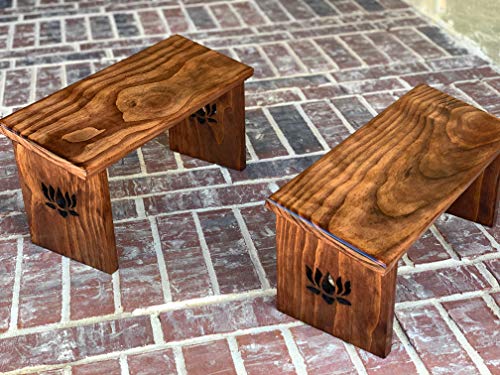 Hand Crafted Red Mahogany Stain Meditation Bench with Lotus Flower Legs.