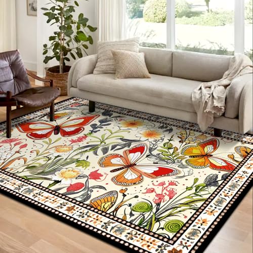 Washable Area Rug 5'x3’, Non Slip Boho Butterfly Floral Carpet Vintage Soft Low Pile Bedroom Area Rugs for Living Room, Bedside, Entryway, Kids Room (Butterfly-Beige, 3' x 5') - color: Butterfly-beige, size: 3' x 5' (Rectangular)