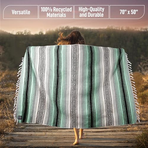 Hydration Nation Authentic Extra Large Mexican Blanket (70"x50") - Handwoven Yoga, Serape- Artisanal Falsa, Beach, Camping, Picnic, Outdoor (Aqua Green) - color: Aqua Green