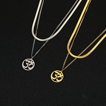 UNIFT Necklace For Women- Aum Om Ohm Sanskrit Symbol Round Pendant Beaded Double Layer Chain Charm Necklace,Hinduism Yoga Sanskrit Personalized Amulet Dainty Pendant Necklace Jewelry - color: snake bone chain - silver