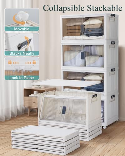 OlarHike 97QT Stackable Storage Bins with Lids - Folding Storage Box with Doors and Wheels, Collapsible Plastic Storage Drawers for Closets and Organization, Garage, 5 Pack Cubes - size: 97QT-White, style: 5Pack