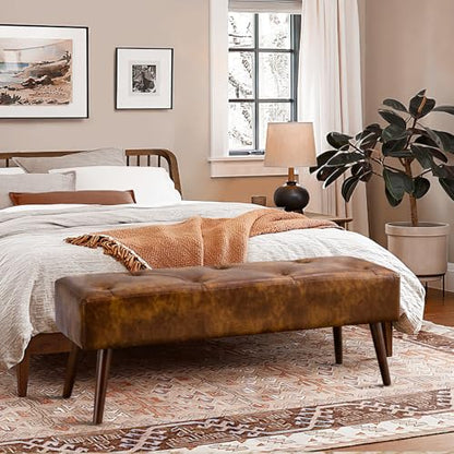 Furnimart Faux Leather Bench Ottoman, Tufted Button Bedroom Benches Footrest Stool in Solid Wood Legs, Long and Dining Bench, Indoor Bench for Entryway Living Room Bedroom (Leather-DustYellow) - color: Leather-dustyellow