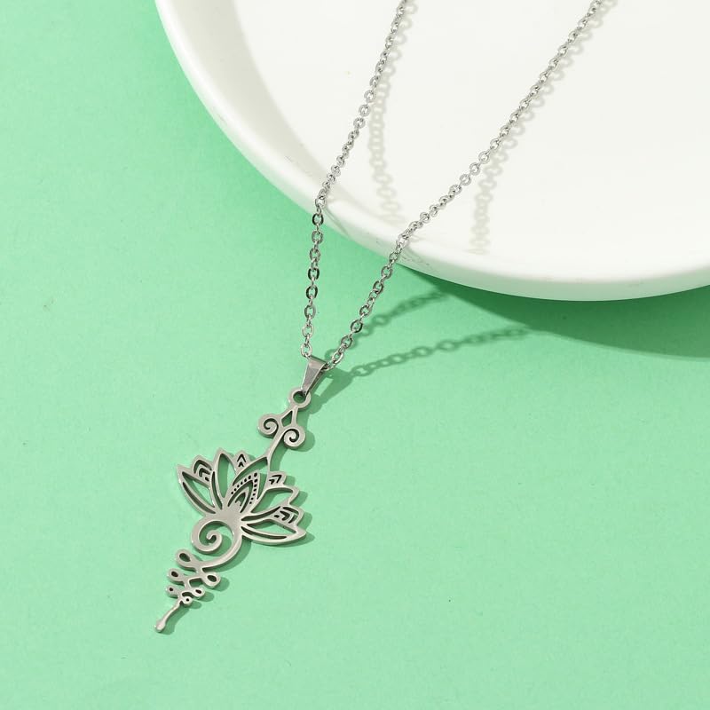 2Pcs Lotus Flower Necklace for Men Women, Vintage Alloy Hollow Meditation Jewelry, Mindfulness Calm Energy Pendant