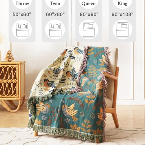 Throw Blanket for Couch Bed Cozy Cotton Blankets Twin,Soft Gauze Boho Throw Blanket Birds and Floral Doubel Side Embroidery,60"x80" Comfy Muslin Bed Blankets