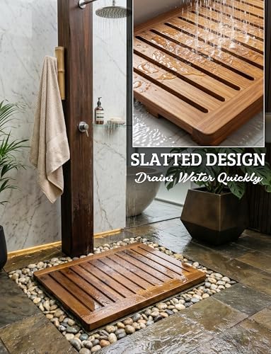 Acacia Wood Shower Mat 24x18 Inches by Demigo, Luxury Bath Mat Non Slip for Bathroom Bathtub Shower Spa Garden Home, Wooden Floor Mat Square Large for Outdoor and Indoor - size: 24" x 18" (Rectangular)