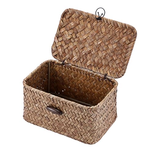 Handwoven Wicker Storage Basket Small Seagrass Box with Lid Multipurpose Table Organizer for Dental Floss Paper Clip Holder, 6.1" x 4" x 3.3" - color: Coffee color, size: 6.1"L x 4"W x 3.3"H