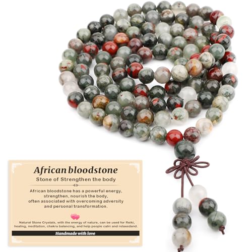AD Beads 6mm 8mm 108 Prayer Mala Jasper Elastic Bracelet - Handmade Yoga Meditation Healing Power Energy Gifts for Unisex Adult. - color: African bloodstone(Strengthen the body)