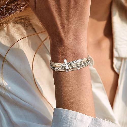 Fesciory Leopard Bracelet for Women, Boho Leather Wrap Multi-Layer Pearl Crystal Bracelet Bangle Jewelry - style: Blessed Cross(Khaki)
