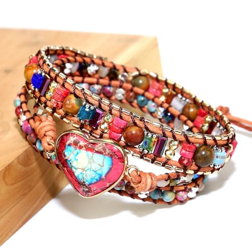 Handmade Boho Wrap Bracelets Natural Turquoise Crystal Stone Variety Beaded Strand Bracelet - color: Red Heart