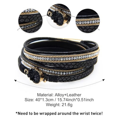 Fesciory Leather Wrap Bracelets for Women, Boho Leopard Multi-Layer Crystal Beads Cuff Bracelet Jewelry - color: Black Stone1