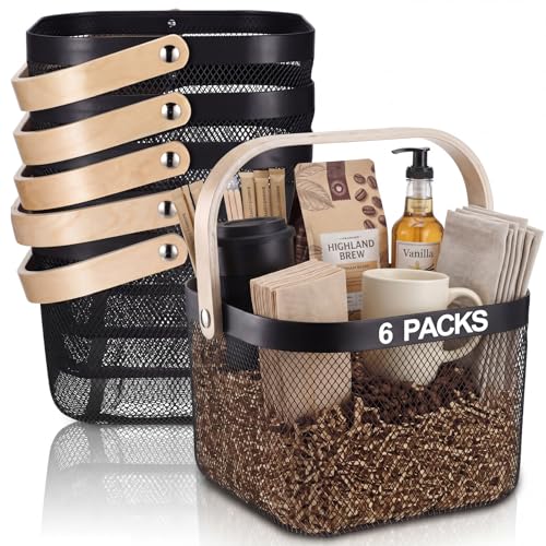 Roshtia Black Metal Wire Storage Basket with Wooden Handle, Farmhouse Decorative Organizer Bin for Bathroom, Pantry, Kitchen Counter, Coffee Bar Accessories, Gift Basket Container, 9.65 Inch - color: Black, size: 9.65 x 9.65 x 7.09 Inch
