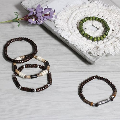 5pcs Wooden Bead Bracelet Set with Charm and Tassel for Men & Women - Stackable Boho Bracelets, Amber Color Scheme Adjustable Bracelet - color: Brown Green