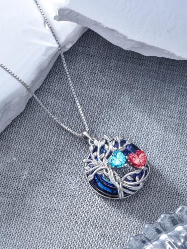 TOUPOP s925 Sterling Silver Family Celtic Tree of Life Pendant Necklaces with 2 Heart Birthstone with Blue Austrian Crystal Jewelry Birthday Valentines Day Gifts for Her, Anniversary Christmas Gifts for Wife Girlfriend Mom (18K Real White Gold Filled) - c
