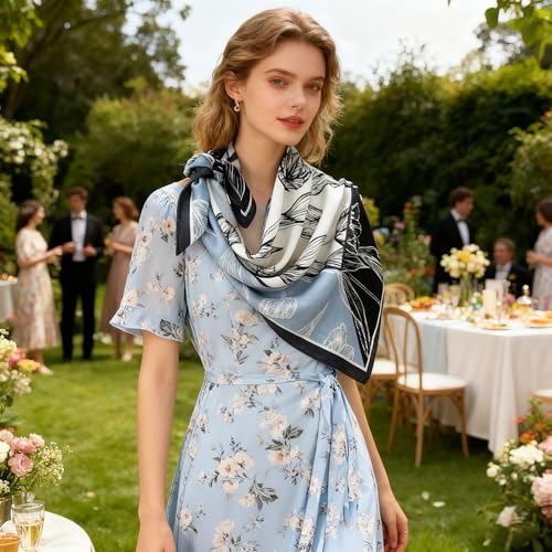 35" Head Scarf Large Square Scarf Like Cotton Hairscarf Fashion Scarves Bandana Night Sleeping Wraps for Women B01 - color: Black/Blue Tulips
