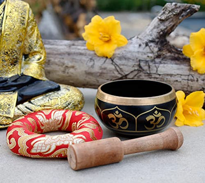 Yoga Meditation Om Peace Singing Bowl/Red Velvet OM Cushion/Wooden Mallet Set - color: Black, size: Small