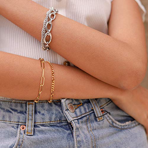 WEARON Gold Bracelet for Women 14K Gold Plated Snake Herringbone Figaro Cuban Bead Paperclip Cable Box Chain Simple Jewelry - style: Oval Chain