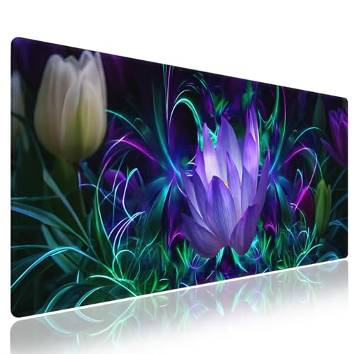 XXL Gaming Mouse Pad with Stitched Edges - Abstract Modern Neon Lotus Painting Purple Glowing Flowers Blossom, Smooth Cloth Surface Anti-Slip Rubber Base Large Desk Mat for Mice & Keyboard - color: Lotus Painting