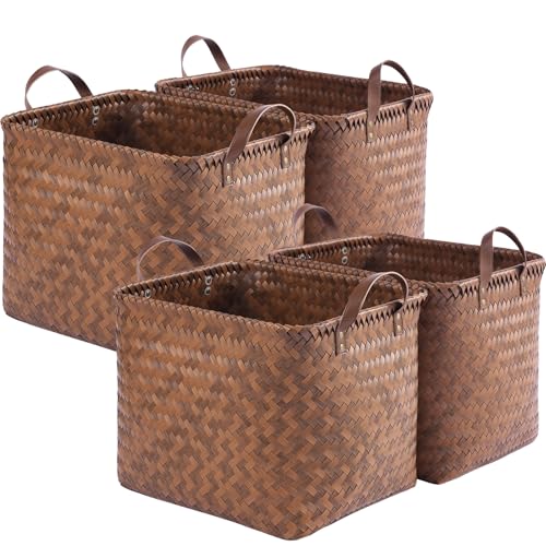 13x15x13 Woven Laundry Basket Hamper, Storage Basket for Clothes Blankets, 4-Pack Wicker Bin for Closet Shelves Bedroom Bathroom, Brown - size: 15x13x13inch