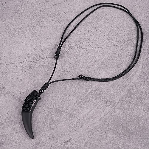 Black Obsidian Necklace Natural Crystal Amulet Protection Pendant with Adjustable Rope Lucky Talisman Necklaces Jewelry Gift for Men Women - color: WolfTooth Black