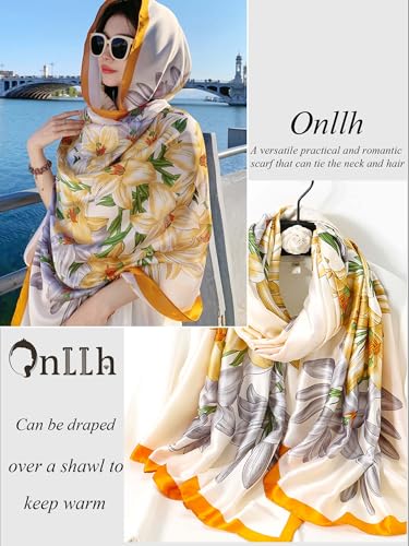 Large Shawl Scarf For Women Lightweight Wraps Silky Headscarf Long Sunscreen Scarfs - color: T10 Yellow Lilies / 70"x 35"