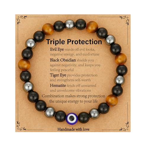 Gnamy Crystal Bracelet Gifts for Men Him- Triple Protection Hematite Black Obsidian Tiger Eye Gemstone Beaded Bracelets Birthday Healing Jewelry Gifts - style: Style 4