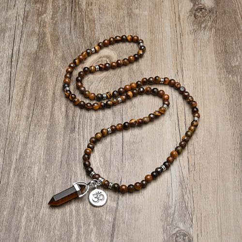 Natural Japa Mala 108 Beads Bracelet Necklace Meditation Accessories with om Chram and Reiki Quartz Hexagonal Prism Pendant - style: Brown Tiger Eye