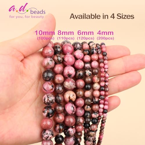 AD Beads 8mm Natural Round Loose Beads 110 Pieces, for Making 108 Mala Prayer Beads Necklace, Bracelet & Yoga Meditation, Jewelry Design （Red Black Rhodonite） - color: Red Black Rhodonite, size: 8mm-110pcs