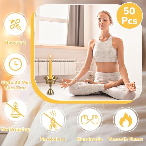 20 Min Beeswax Meditation Candles – 50 Pack, Includes Mini Candle Holder & 12 Wax Dots, Slow Burn, Natural Unscented, Yoga Prayer Mindfulness & Relaxation - color: Beeswax, size: 50 Pack