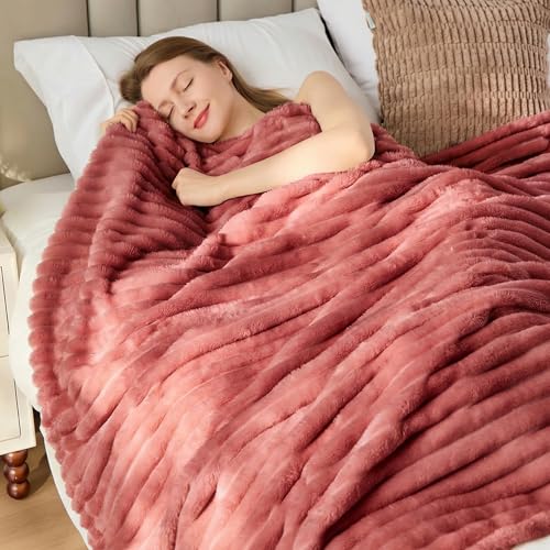 Rose Red Striped Throw Blanket, 330GSM Soft Plush Fleece Blanket for Couch Sofa Bed, Decorative Cozy Giftable Home Blanket, 50x60 Inches