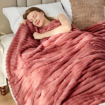 Rose Red Striped Throw Blanket, 330GSM Soft Plush Fleece Blanket for Couch Sofa Bed, Decorative Cozy Giftable Home Blanket, 50x60 Inches