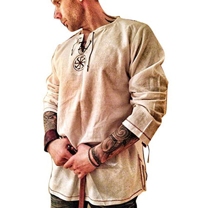Men's Fashion Cotton Linen Shirt Long Sleeve Solid Color Ethnic Beach Yoga Top - color: Khaki, size: Large