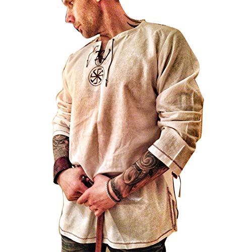 Men's Fashion Cotton Linen Shirt Long Sleeve Solid Color Ethnic Beach Yoga Top - color: Khaki, size: Large