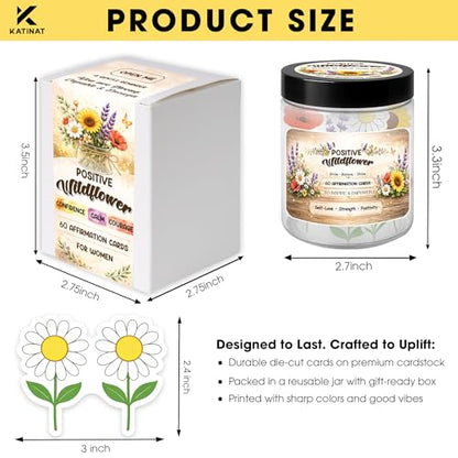 Positive Affirmations Cards for Women, Positive Wildflower Jar with 60 Daily Cards – Sunflower Daisy Lavender Poppy, Encouragement Gift for Mom Sister Friend, Birthday Stress Relief Desk Decor Gifts