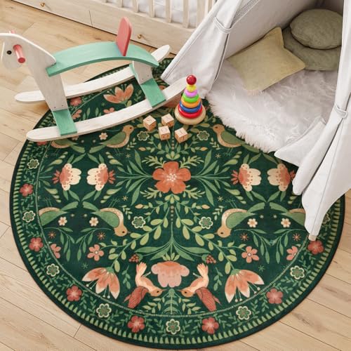 Moynesa Floral Bird Round Rug 6ft Washable Circle Rug Non Slip,Modern Cottage Green Area Rugs for Bedroom Reading Coner,Farmhouse Living Dining Room Aesthetic Carpet Vintage Home Decor - color: Green, size: 6' (Round)