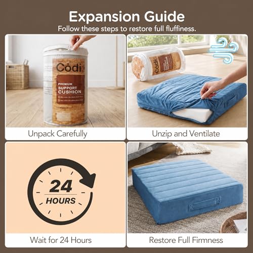 Codi Thick Replacement Couch Cushions 2 Sets, Upholstery Foam with Washable Covers for Sofa Cushion Chair Meditation - 24 × 24 × 5 Inch, High Density Foam, Blue - color: Blue, size: 24 Inch (Pack of 2)