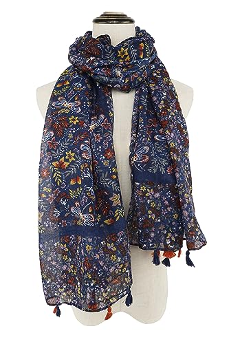 YOUR SMILE Large Boho Scarf for Women Lightweight Floral Printed Scarves Fall Winter Fashion Fringed Shawl wraps - color: 06 Navy Shivering