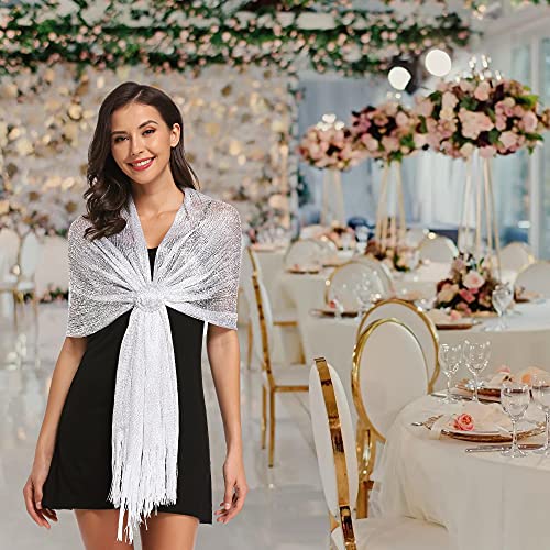 vimate Sparkling Metallic Shawls and Wraps for Evening Party/Wedding/Formal Dresses (With Free Buckle) - color: F1#. White (With Silver Buckle)