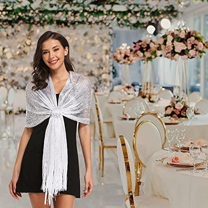 vimate Sparkling Metallic Shawls and Wraps for Evening Party/Wedding/Formal Dresses (With Free Buckle) - color: F1#. White (With Silver Buckle)