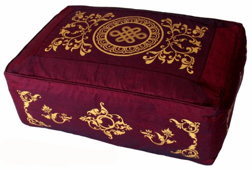Meditation Cushion - Rectangular Zafu Buckwheat and Kapok Fill Eternal Knot Celestial Vine Burgundy