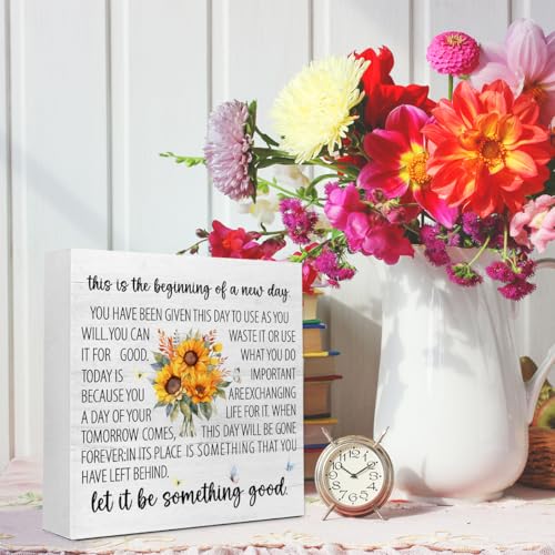 Motivational Wooden Box Sign 5x5x1 INCH, This Is The Beginning of A New Day Sign, Inspirational Office Daily Reminder Desk Decor For Work And Home - style: This Is The Beginning