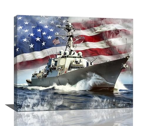American Flag Wall Art Patriotic Warship Pictures Wall Decor Navy Battleship Canvas Painting Print Military Home Modern Artwork Decorations Framed for Bathroom Living Room Bedroom Office 20 x 16 inch - color: American, size: 20"L x 16"W