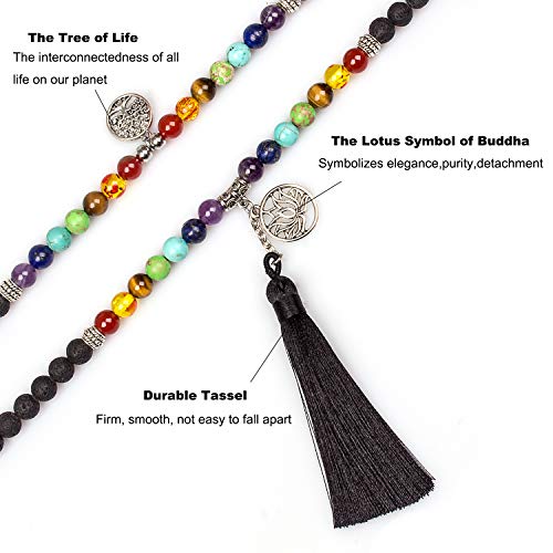 108 Mala Beads Necklace 7 Chakra Tree of Life Pendant Prayer Buddha Bracelets Healing Stone Yoga Men Women Jewelry - color: Natural lava flower beads