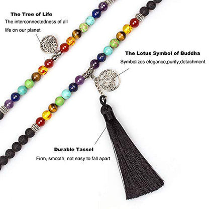 108 Mala Beads Necklace 7 Chakra Tree of Life Pendant Prayer Buddha Bracelets Healing Stone Yoga Men Women Jewelry - color: Natural lava flower beads