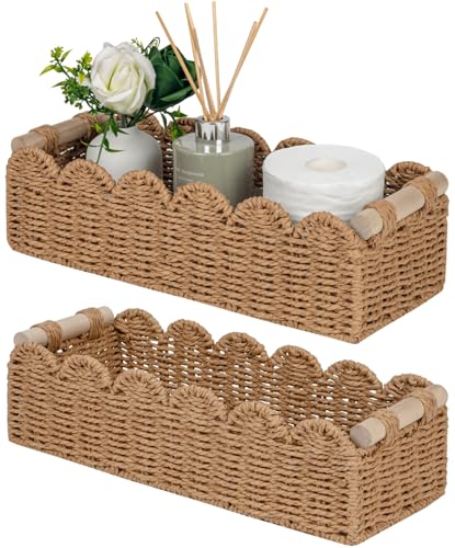 CubesLand Bathroom Basket Organizer, Toilet Tank Paper Storage Baskets 2-Pack, Scalloped Decorative Basket for Countertop w/Handle, Wicker Basket for Bathroom Decor, Home Decor, Living Room, Neutral - color: Neutral