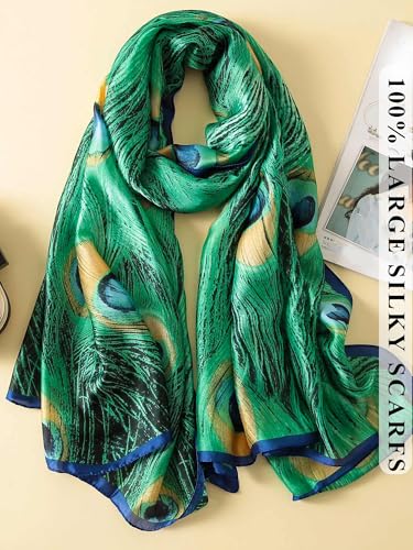 Large Shawl Scarf For Women Lightweight Wraps Silky Headscarf Long Sunscreen Scarfs - color: T23 Green Peacock Print / 70"x 35"