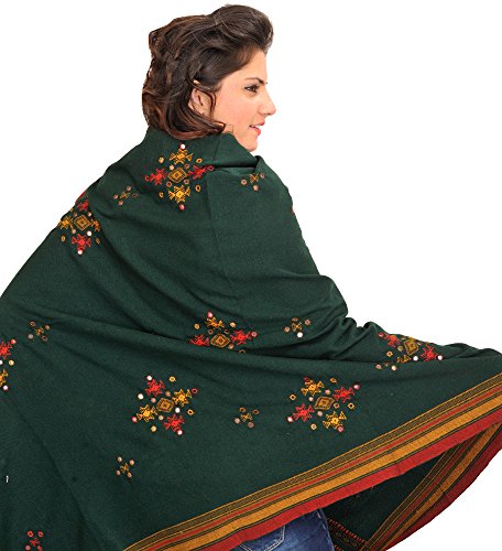 Exotic India Shawl from Kutch with Embroidered Bootis and Mirrors - Wool - color: Bistro Green