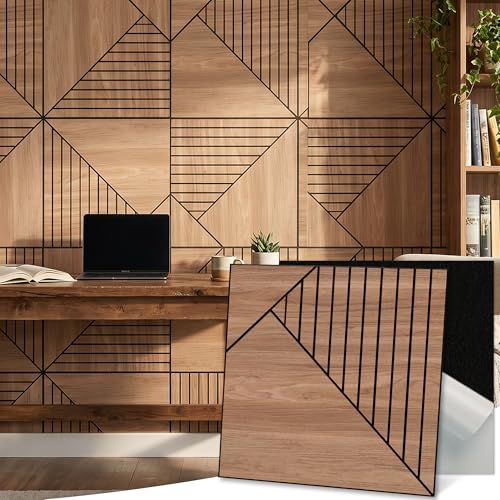 Acoustic Wall Panels 23.6x23.6 Inch 8 Pack, Slant Pattern, Sound Absorbing Peel and Stick Wall Decor, PET Felt Core with PVC Wood Grain, for Living Room Bedroom Home Office, Walnut - color: Slant, Walnut, size: 8 Pack Curved