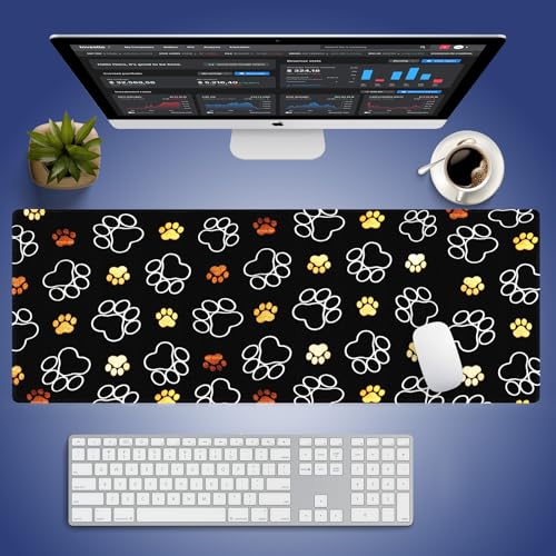 Extra Large Gaming & Office Mouse Pad (31.5" x 11.8") – Abstract Cute Dog Paw Prints Gold and White Design, Premium Anti-Slip XXL Desk Mat with Durable Stitched Edges - color: Design WKLXD043