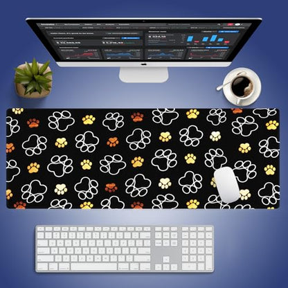 Extra Large Gaming & Office Mouse Pad (31.5" x 11.8") – Abstract Cute Dog Paw Prints Gold and White Design, Premium Anti-Slip XXL Desk Mat with Durable Stitched Edges - color: Design WKLXD043